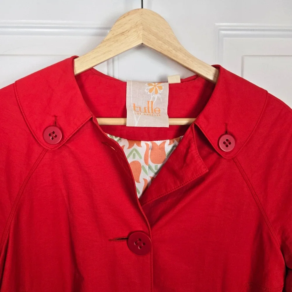 Anthropologie Tulle Cropped Trench Coat Womens XS Red 3/4‎ Retro Preppy Lined